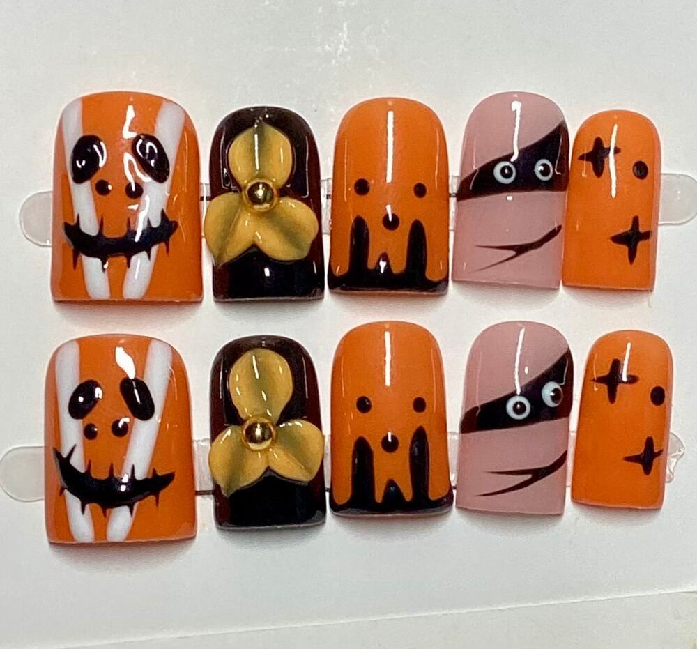 Halloween Jack-o-Lantern Burglar 3D Flower Baby Duck Press-On Nails Medium Large